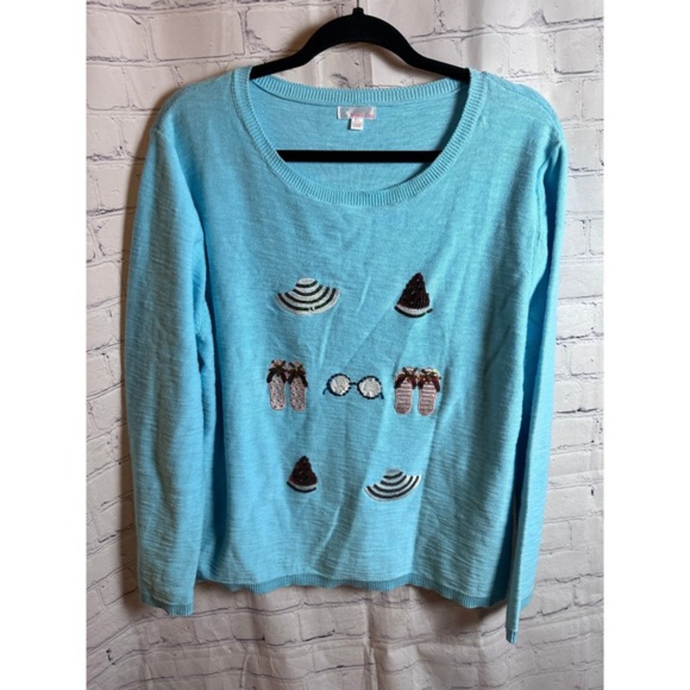 CABANA CAY Embellished Sweater Beach Theme‎ Sequins Aqua Blue Size L